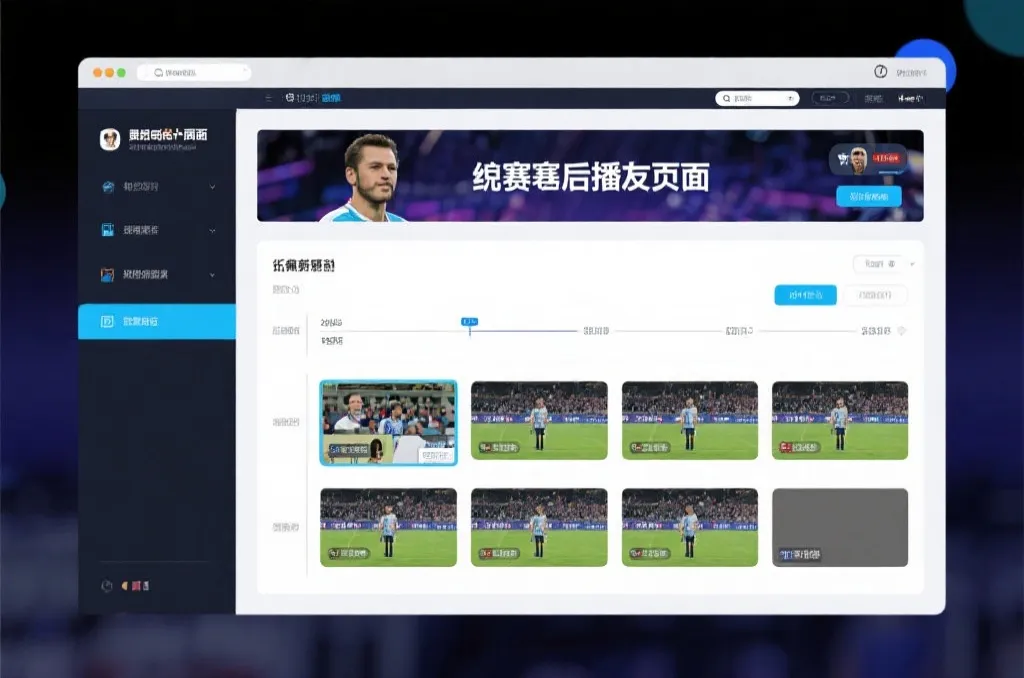 比赛结束后，电视屏幕展示集锦回放页面，旁边有时间轴和多角度切换提示